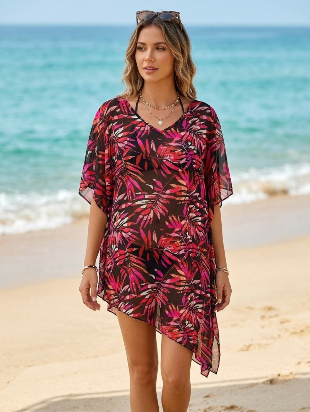 La Vie En Rose Aqua Swim Cover Up with Pink & Coral Leaf Print